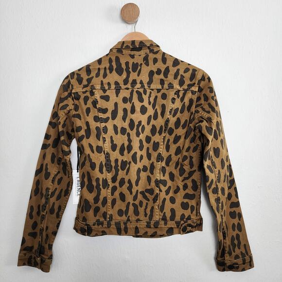 L'Agence Celine Slim Fit Leopard Print Cropped Denim Jacket Camel S NWT - Picture 13 of 16